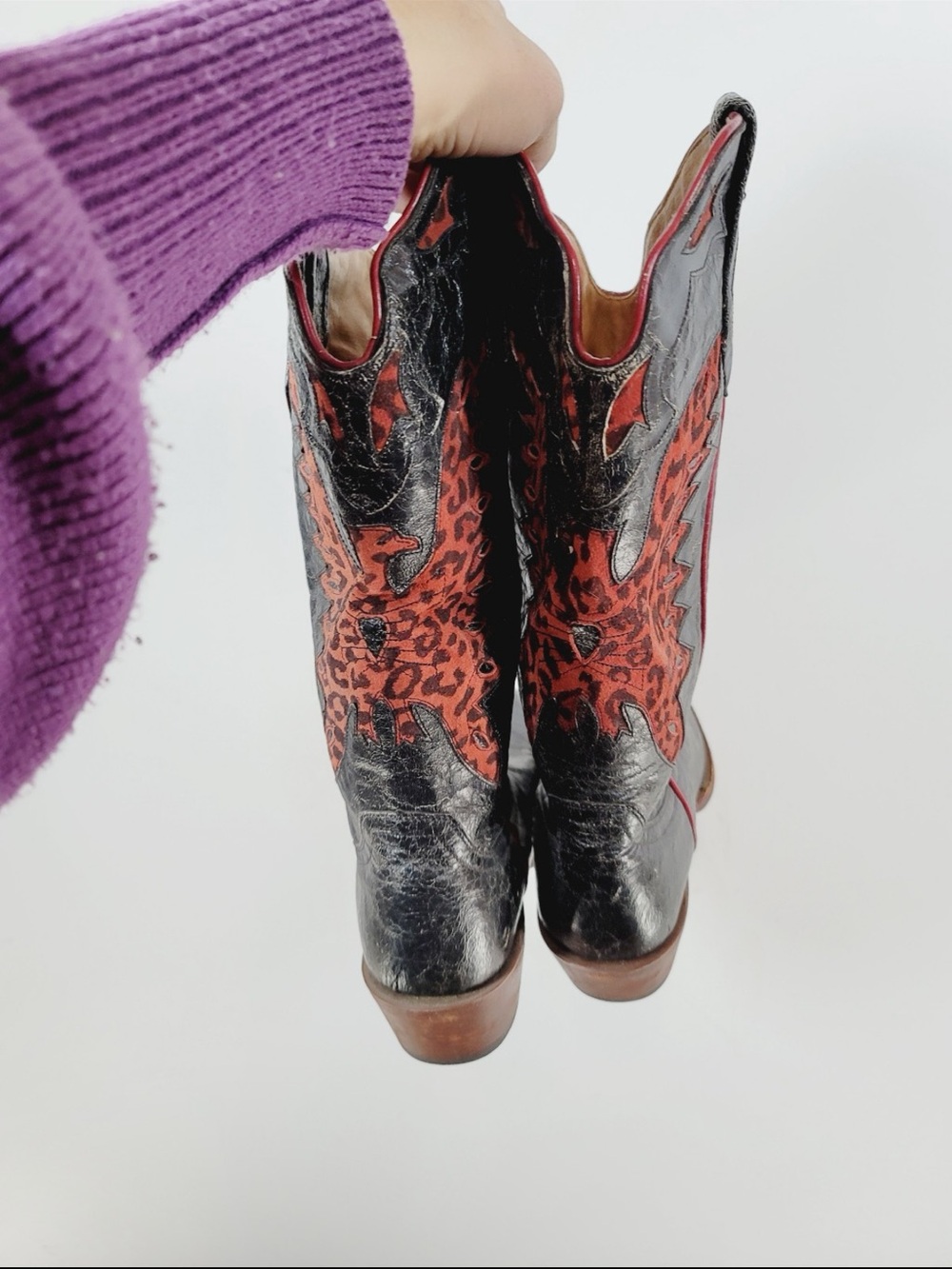 Johnny Ringo Black Leather Cowboy Boot with Red Leopard Inlay, Size 9B - Picture 7 of 8